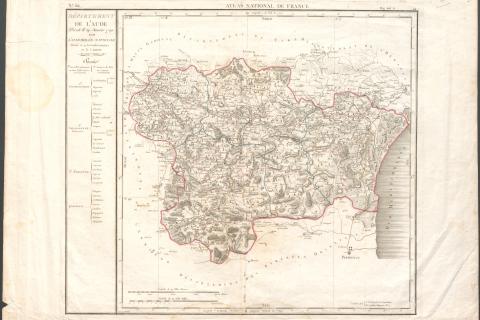 Carte du département de l'Aude. Gravure de d'Houdan. Carte en couleur. Ech. : 3,7 cm pour 10 000 m. 0,55 m x 1,18 m. (1818)