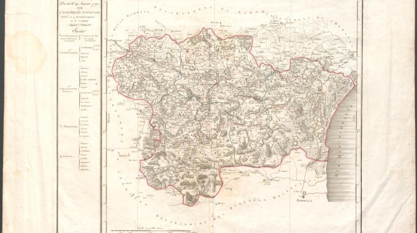 Carte du département de l'Aude. Gravure de d'Houdan. Carte en couleur. Ech. : 3,7 cm pour 10 000 m. 0,55 m x 1,18 m. (1818)