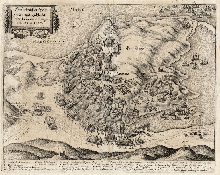 Plan de la bataille de Leucate entre Français et Espagnols en 1637