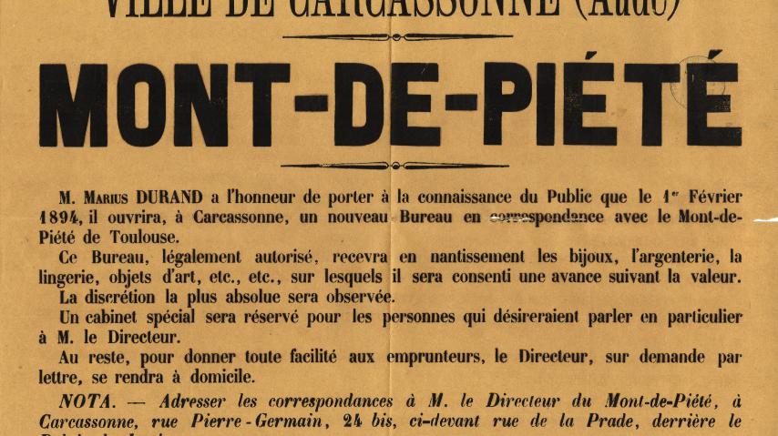 Affiche qui annonce l'ouverture du  Mont-de-Piété de Carcassonne en 1894 
