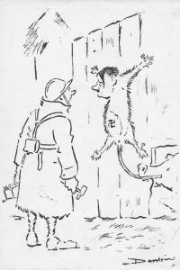 Soldat de première classe venant de clouer sur une palissade Hitler, figuré avec un corps de rat. Dessin de Pierre Dantoine, série 1936-1939.