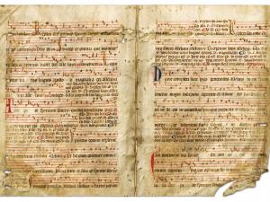 Manuscrits religieux avec notations musicales (graduels, antiphonaires,…).- Fragments (parchemins, papier) utilisés comme couvertures d'actes notariés.XIVe-XVIIIe s. 3J1037_001